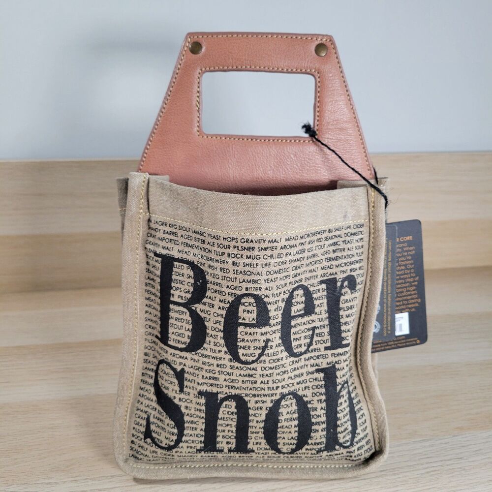 Mona B Beer Snob Beer Caddy Bag Up-Cycled Canvas Tote Vegan Leather Trim NEW